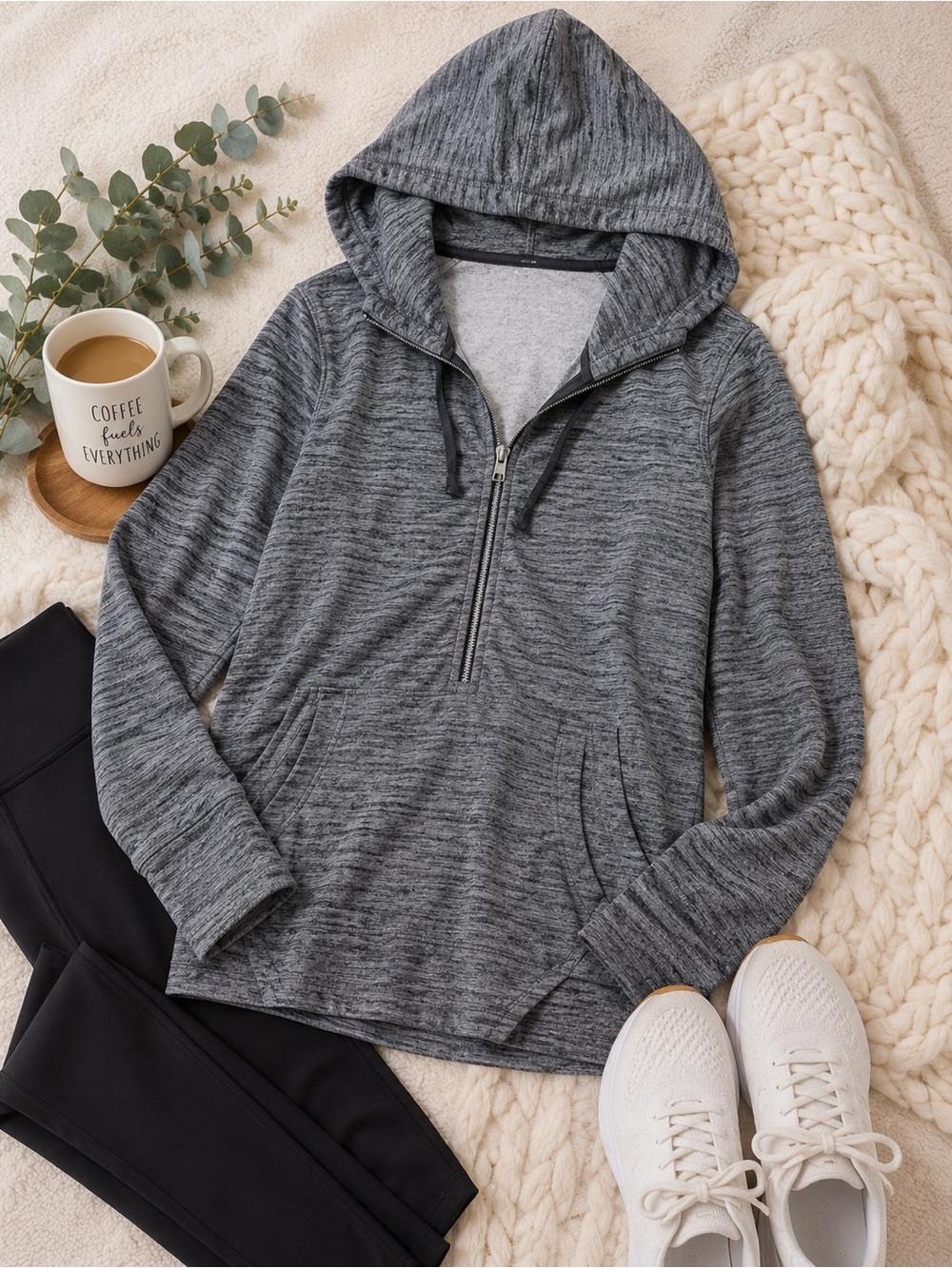 Athleta Heavenly Hail Quarter Zip Hoodie 1X Gray Space Dye Athleisure Sweatshirt